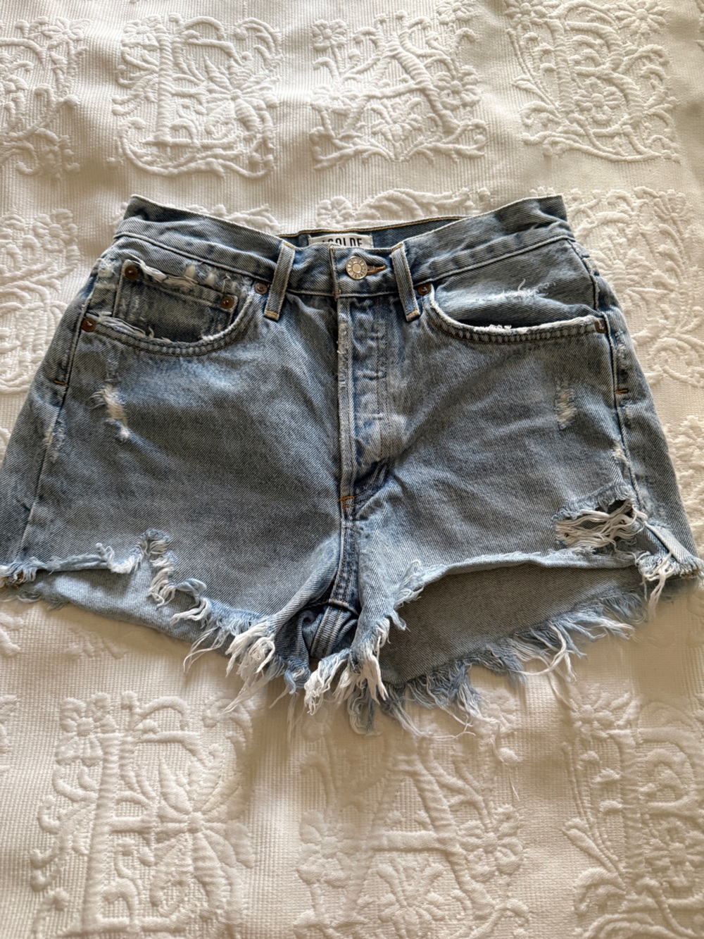 AGOLDE  Parker Vintage Frayed-Hem Denim Shorts High-Rise Button-Fly Size 25